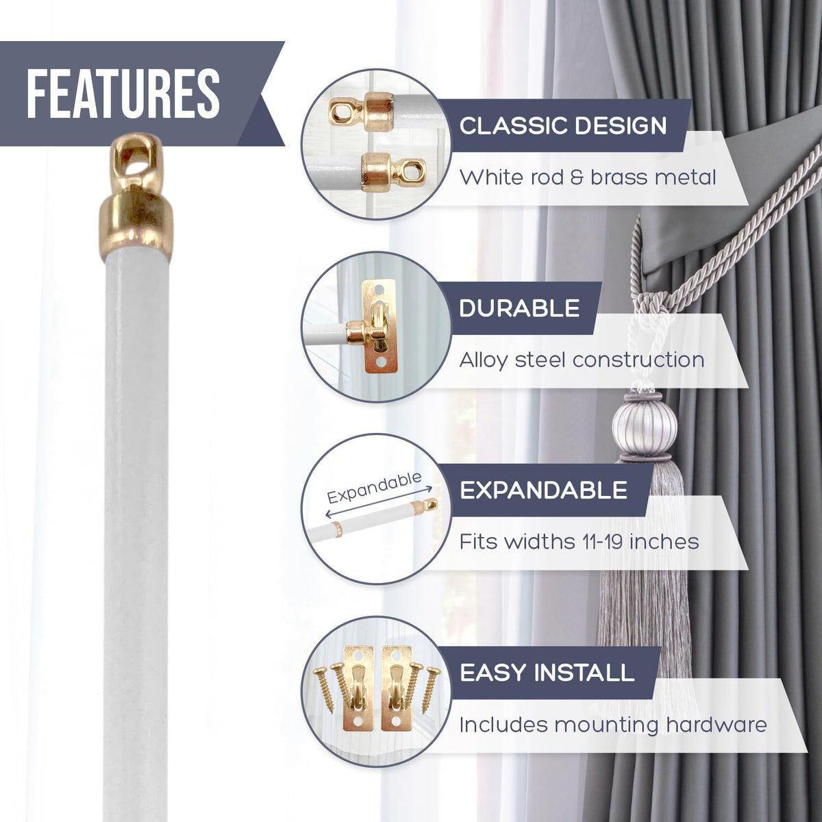 Swivel End Sash Curtain Rods 5/16-Inch 2 Rods per Pack 21 to 38-Inches