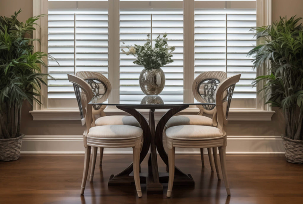 Bravada Louverstar Poly Interior Shutters - white poly shutters in a dining room