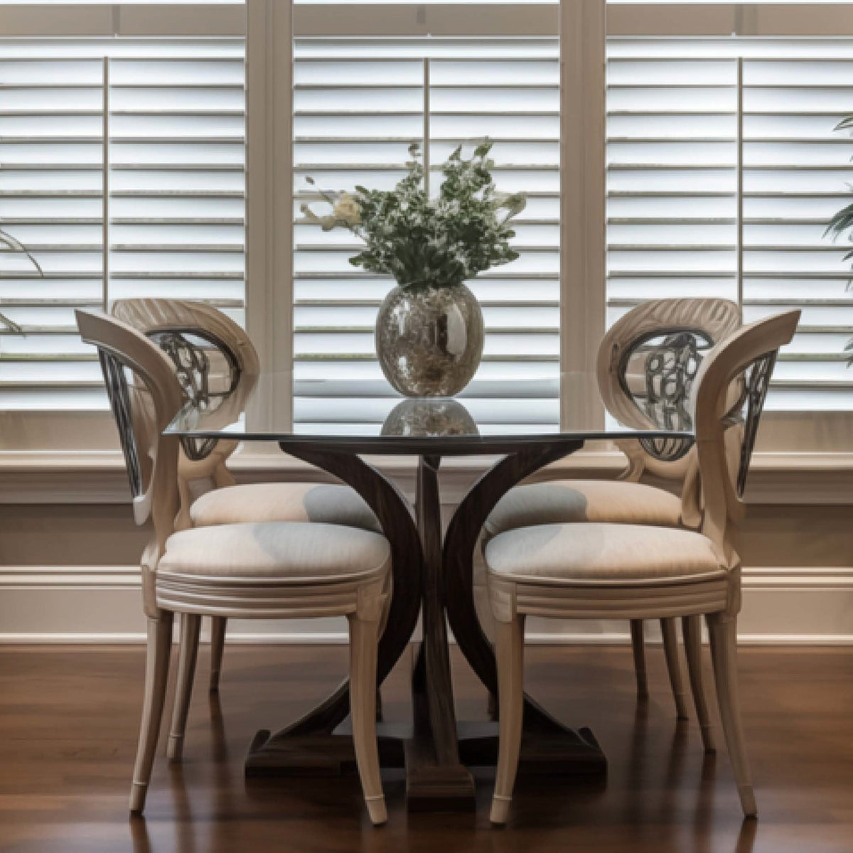 Bravada Louverstar Poly Interior Shutters - white poly shutters in a dining room